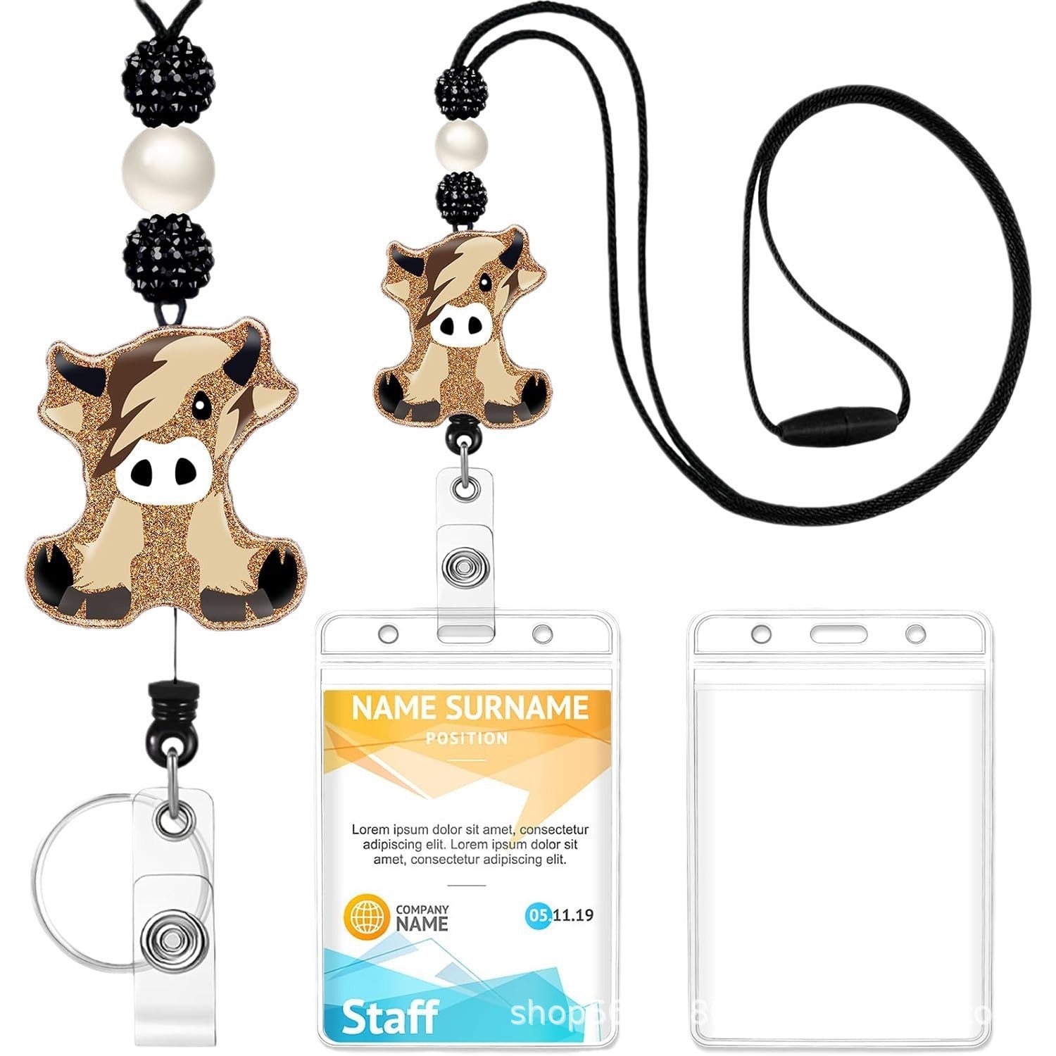 Wholesale Badge Reels Cow Leopard Print West Highland Cow Rainbow Sunflower Card Holder Silicone Beaded Lanyard Retractable Keychain